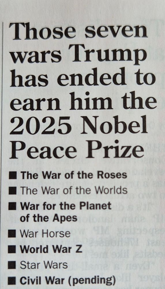 7 wars that earns Trump Nobel Peace Prize. 🤭🤭🤭