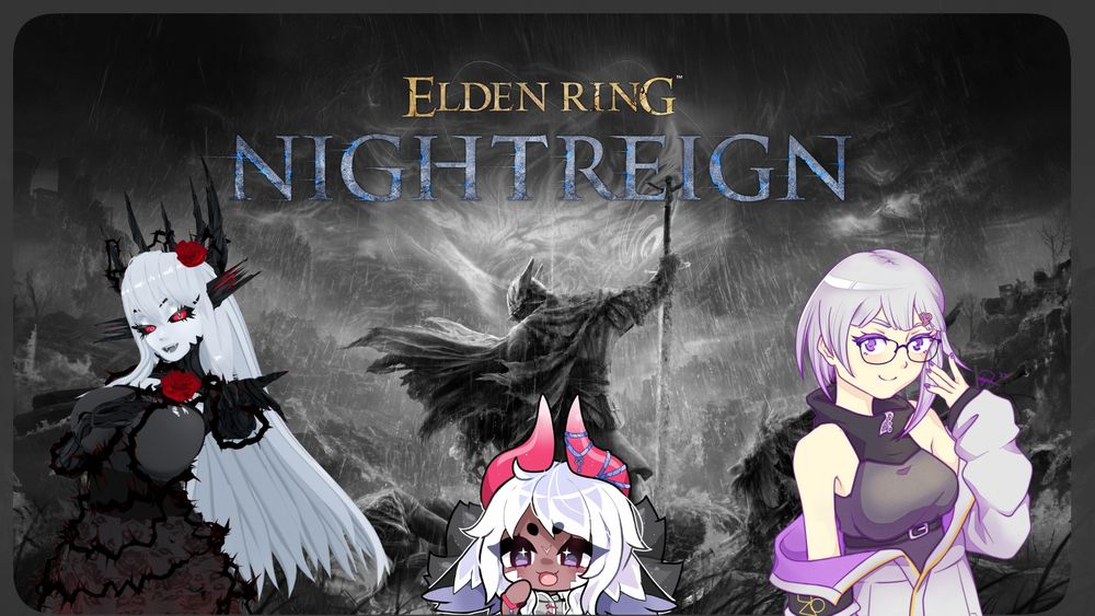 Annalise, Yuki, and Emilia standing in front of a monochrome promotional image of Elden Ring Nightreign, with the title above them.

Annalise is a monochromatic and red Vampiric Dryad (Plant/Forest Spirit). Atop and behind her head is a crest of thorns and branches. Roses adorn the side of her head and her large chest. Thorn vines spiral around her body and through her tattered dress. Her plant-like ears are lightly open.

Yuki is a dark-skinned, short shapeshifter with a gremlin look on their face. They have sparkly, lilac eyes, pink horns, and a grey outfit.

Emilia is a fair-skinned human adjusting her glasses. She has Purple eyes and purple accents to her otherwise monochrome outfit.