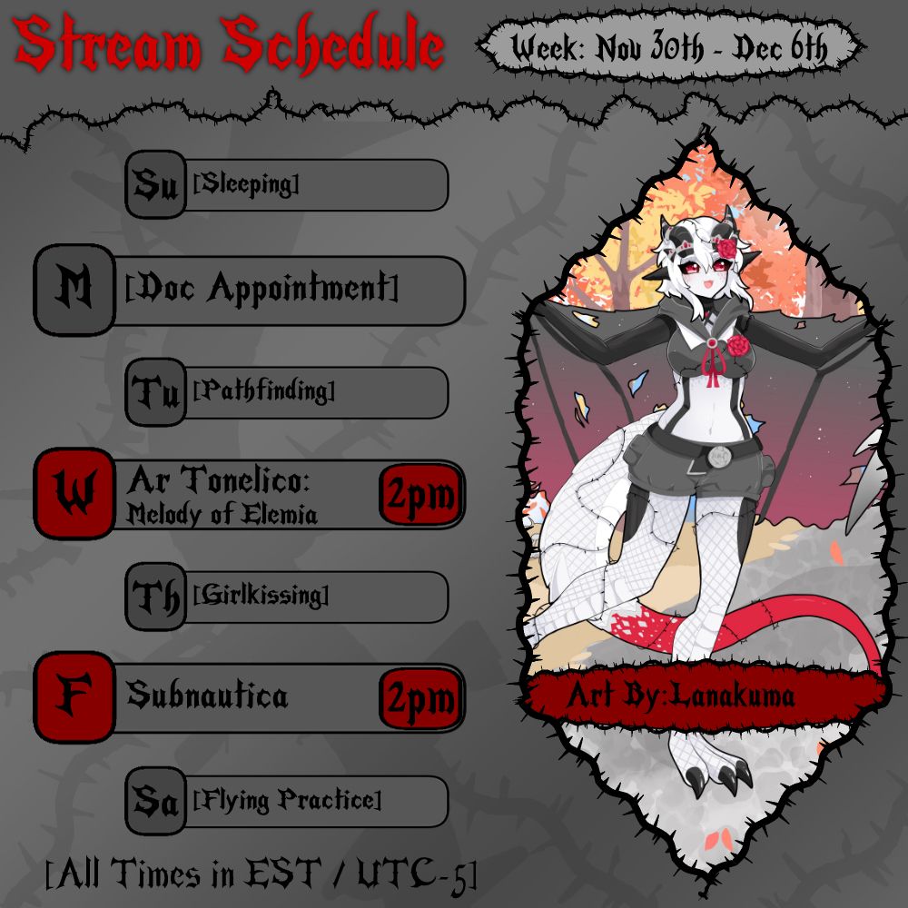 Annalise's schedule for the week of Nov 30th to Dec 6th. On Wednesday at 2pm EST she is playing Ar Tonelico: Melody of Elemia. On Friday at 2pm EST she is playing Subnautica.

On the right is an illustration by Lanakuma, depicting Annalise's wyvern form frolicking through the autumn woods.