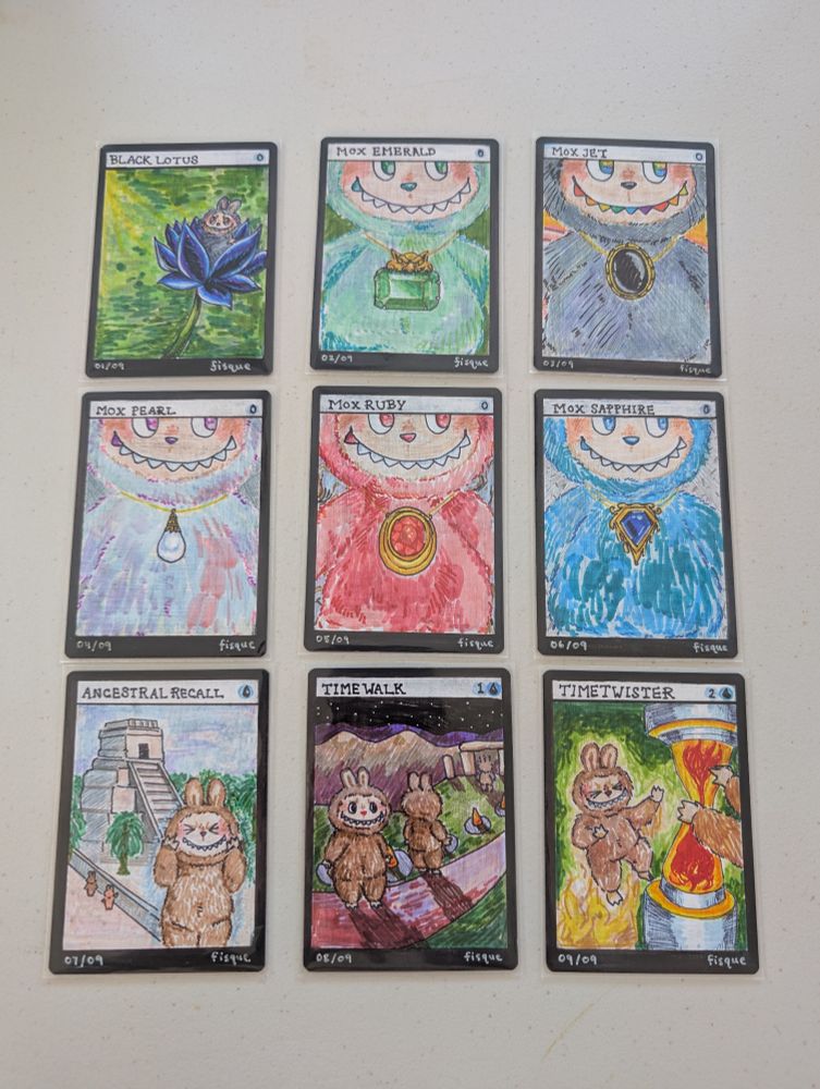 Power 9 proxies with images of Labubus