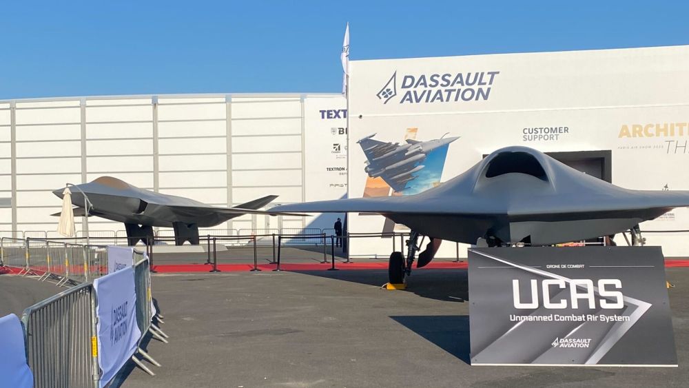 Dassault showed off a new UCAV design as the feature of its outdoor pavilion. Meanwhile, the SCAF next-gen fighter model, which had been featured prominently before, was more to the side – befitting a show where the biggest news about SCAF was internal issues between Dassault and its Airbus partner. (Aaron Mehta/Breaking Defense)