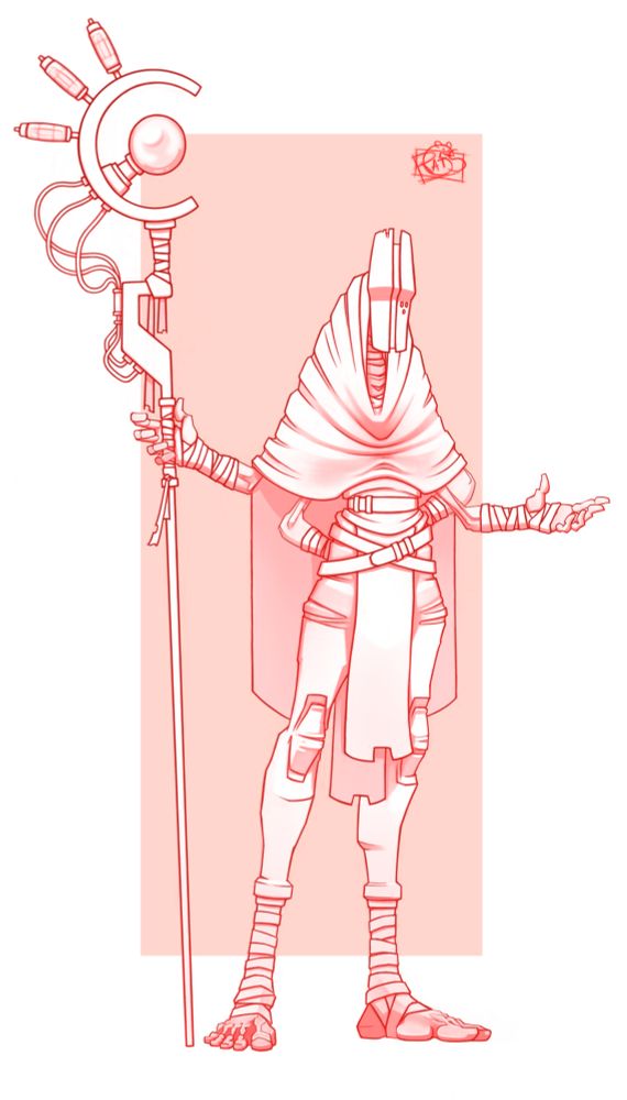 Elder Kin are a four armed bipedal race, tall, lean and sinuous. They wear masks, to cover their faces, each one is unique to its owner. 
Shawls are very common, often worn over the head like a hood, cascading over the shoulders and down the back.
The rest of their attire is of a relatively loose fit (they were once a very nomadic race so ease of movement was preferable) however it is usually cinched at the waste with belts or wraps to keep things in place.