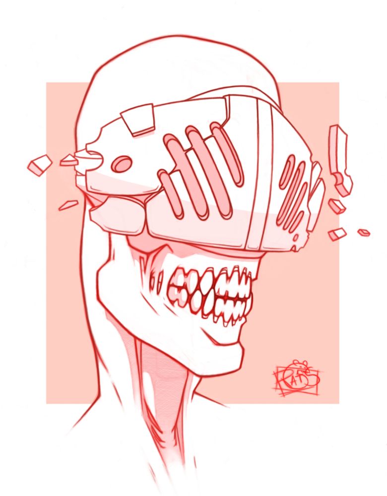 A head portrait of a humanoid alien. A metal visor, which appears to be crumbling away at the edges, covers their eyes. Beneath they bare a skull like jaw full of exposed teeth.
