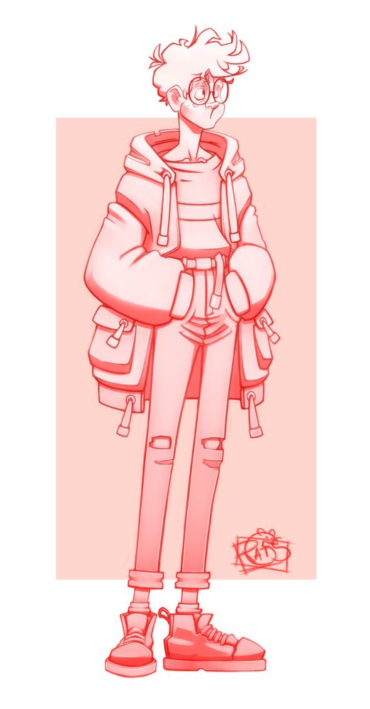 Front view. A scrawny nerd. 