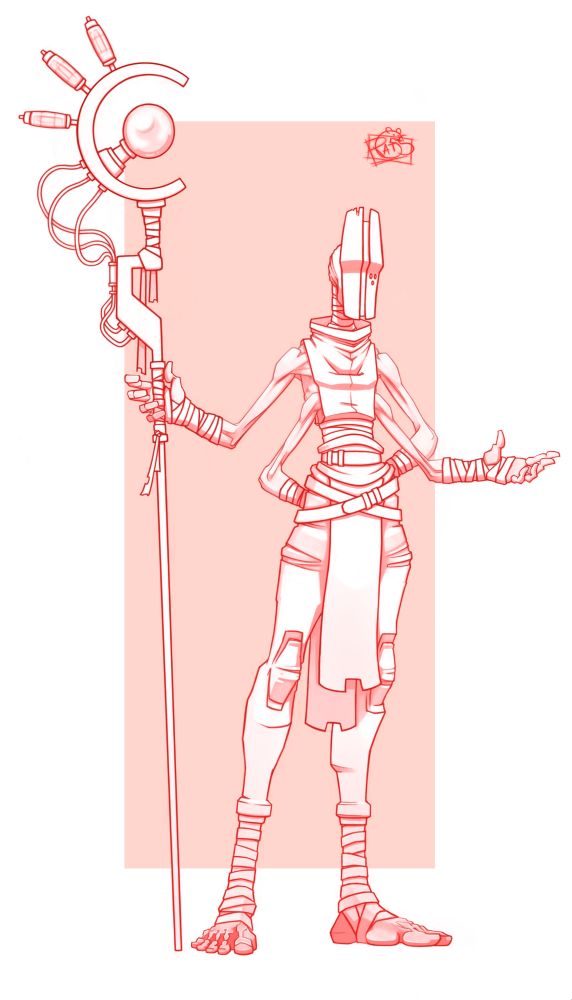 Elder Kin are a four armed bipedal race, tall, lean and sinuous. They wear masks, to cover their faces, each one is unique to its owner. 
Their attire is of a relatively loose fit (they were once a very nomadic race so ease of movement was preferable) however it is usually cinched at the waste with belts or wraps to keep things in place.