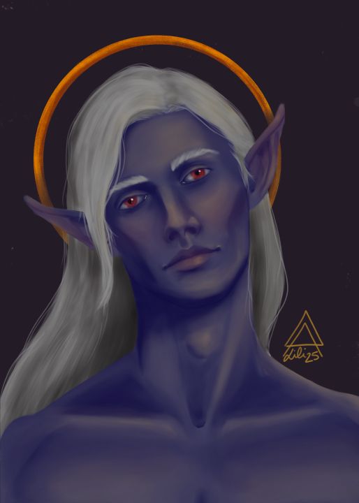 Portrait of a male drow with dark blue/purple skin and long gray hair.