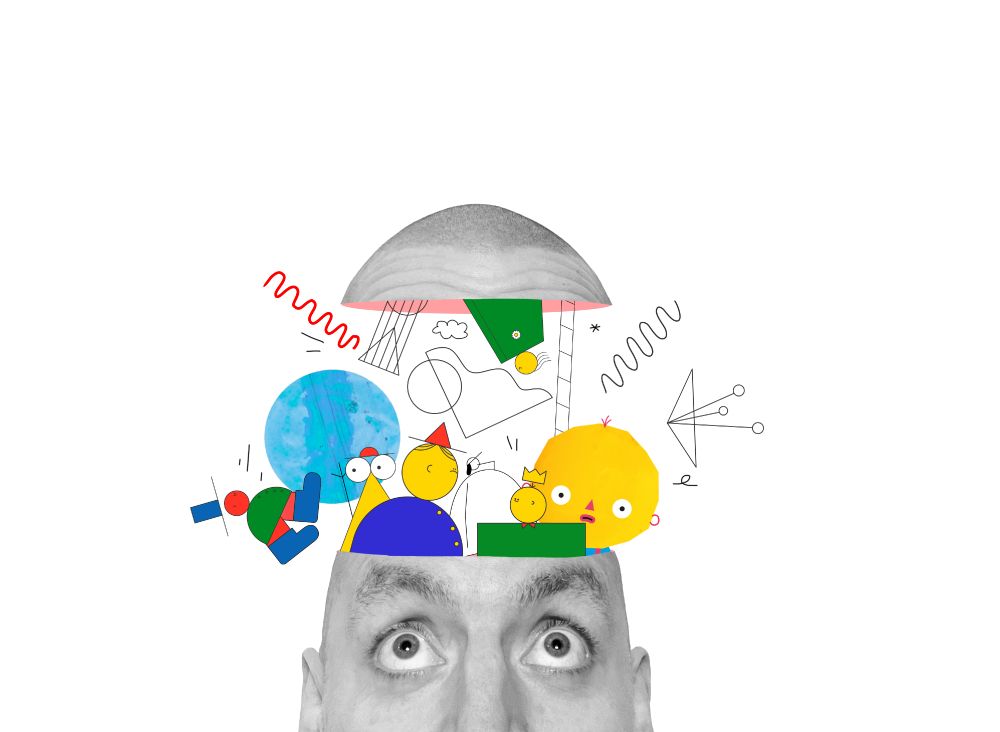 Collage illustration of Dan Castro, with hand drawn elements and shapes relating to play coming out of the top of his head. Courtesy of the artist. 