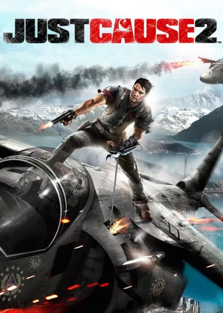 Cover art for Just Cause 2. Man surfing on the back of a fighter jet on fire while shooting a gun over the bay of an island.