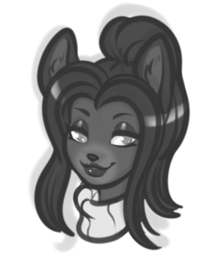 A portrait sketch won from @elfreckles.bsky.social‬ on their twitch stream. Black and white drawing of me, an anthropomorphic wolf / dragon hybrid with a turtleneck collar as the bottom. Shoulder length hair in the front and pulled into a ponytail in the back. 