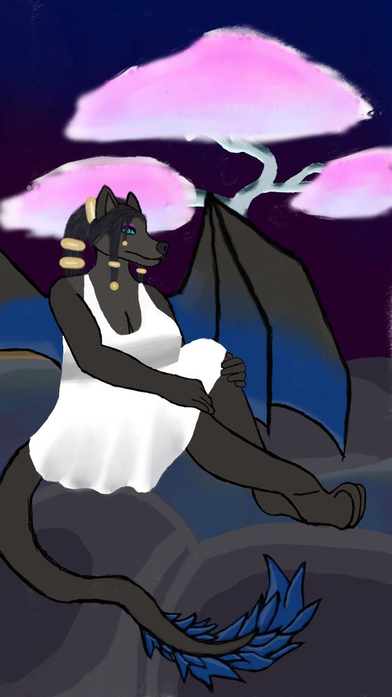 Drawing of me using a paint with your finger program. A black anthropomorphic wolf with dragon characteristics such as long pointed tail with large tufts of fur towards the tip, webbed wings with a black to blue gradient and cat-like slit pupil eyes.  She is wearing a white, knee long dress. Sitting on some vague gray rocks and matching river with a large Sakura type tree in the background. 