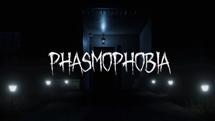 Phasmophobia game image with the title on top of a very dark picture of a front door of a house and the concrete path up to the door. 