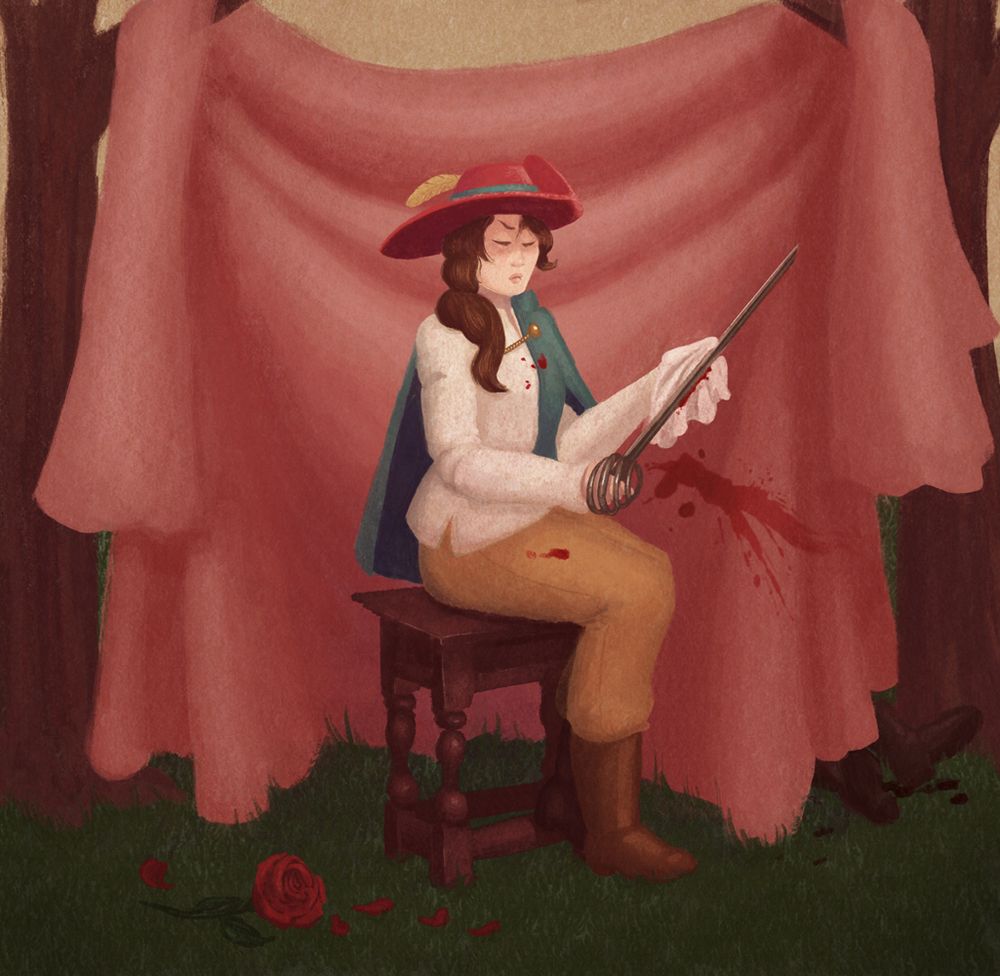 A woman dressed in musketeer-like cothing cleans her rapier of blood with a cloth, expression close to a pout, if pouting were ladylike. She sits on a stool, has a sheet hung up between two trees behind her, and an artfully placed rose with discarded petals by her feet, suggesting she was in the middle of getting her portrait taken. There's spots of blood on her shirt and trousers, and a big splash of it against the sheet backdrop. Just poking out behind the sheet are two boots, with dried blood spattered next to them. 