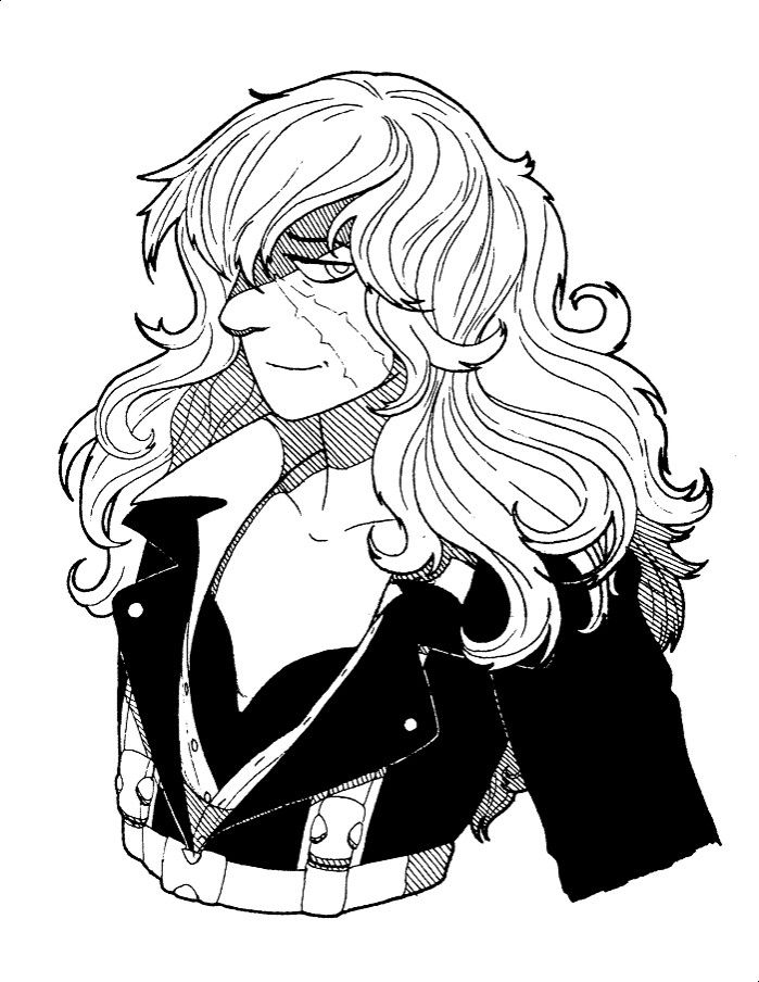 A bust of Luna-Terra from Heaven Will Be Mine. Her fringe cases a shadow across her face, and she has a crooked, resigned half-smile on her face.