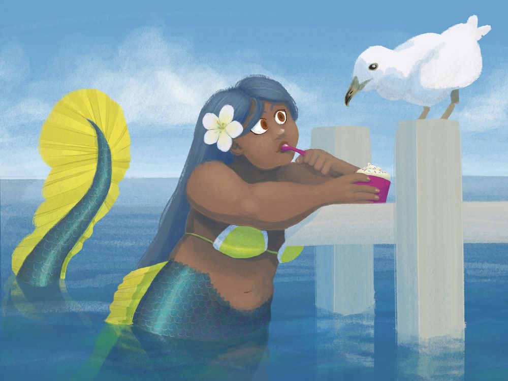 A mermaid with a long eel-like fin leans on a jetty eating an icecream from a small tub. She's looking with interest at a seagull, which is perched on one of the jetty posts, examining her in return (and perhaps about to make a play for her icecream). 