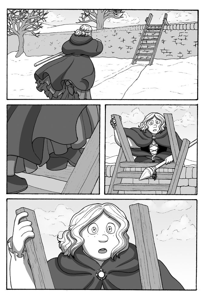 A young woman runs to a stile over a stone fence, scales it, and looks surprised by what she sees on the other side