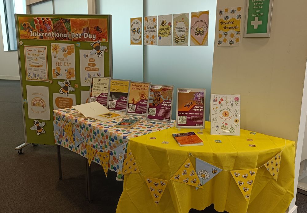 A picture of the full Bee Day display, a table of books and information, a colourful noticeboard and some posters above it all