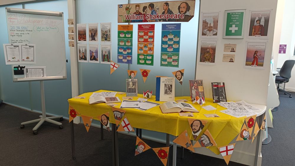 Library display for Shakespeare Day with some of our books and colouring sheets, crosswords and various informative posters