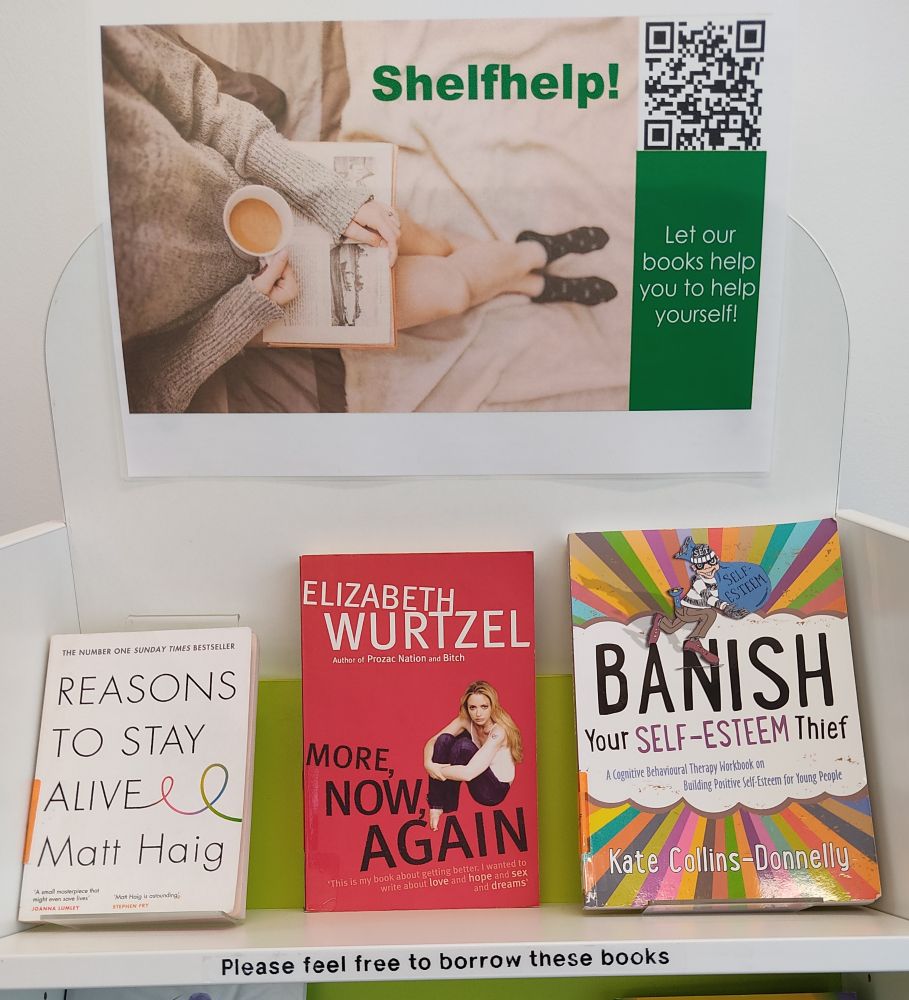 ShelfHelp poster with QR code to the collection online with a selection of books underneath including Reasons to Stay Alive by Matt Haig