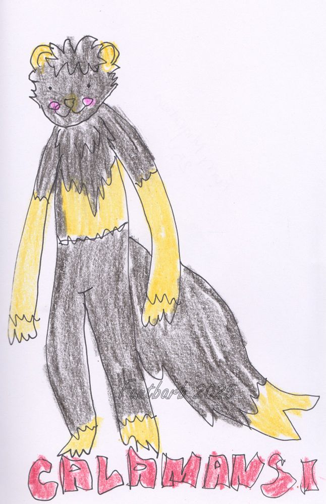 An avant-garde illustration of an anthropomorphic orange and gray cloudrunner (a species of giant fluffy rat) done in a simplistic, avant-garde style. The name of the character Calamansi is in red block letters at the bottom of the image. 