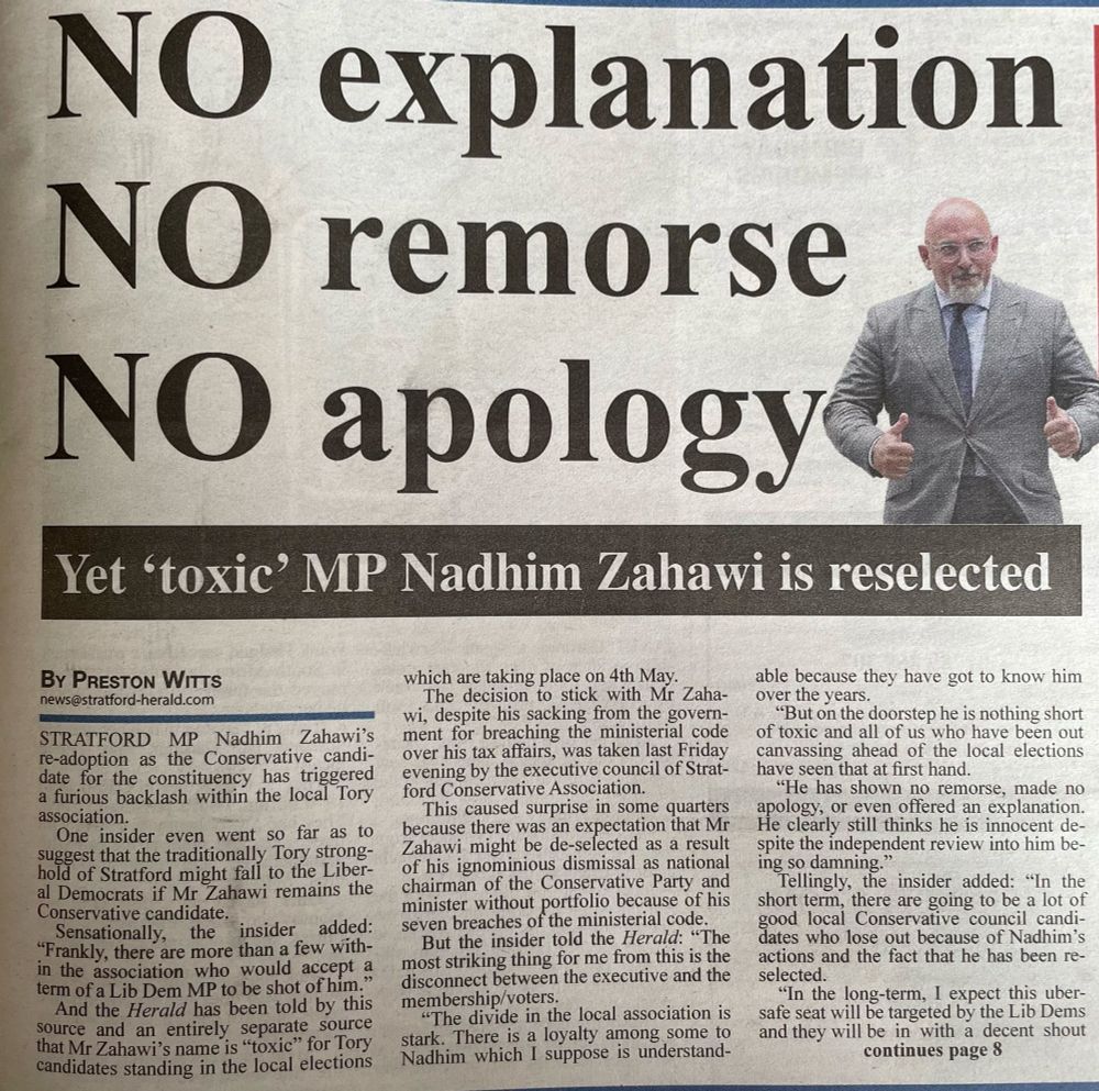 Stratford Herald front page from April(ish) 2023:
NO explanation
NO remorse
NO apology