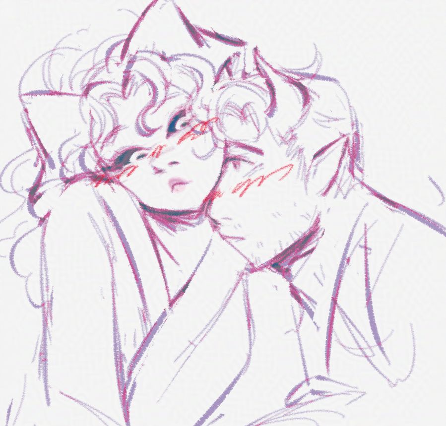 art featuring two horned characters, one's face nestled on the other's neck. they both look flushed and surprised.