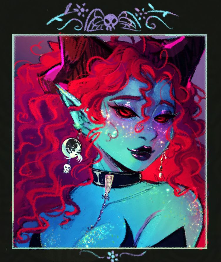 portrait of a blue tiefling with curly red hair. She has red eyes, and sparkling freckles. She is wearing a variety of jewelry with skulls on it.