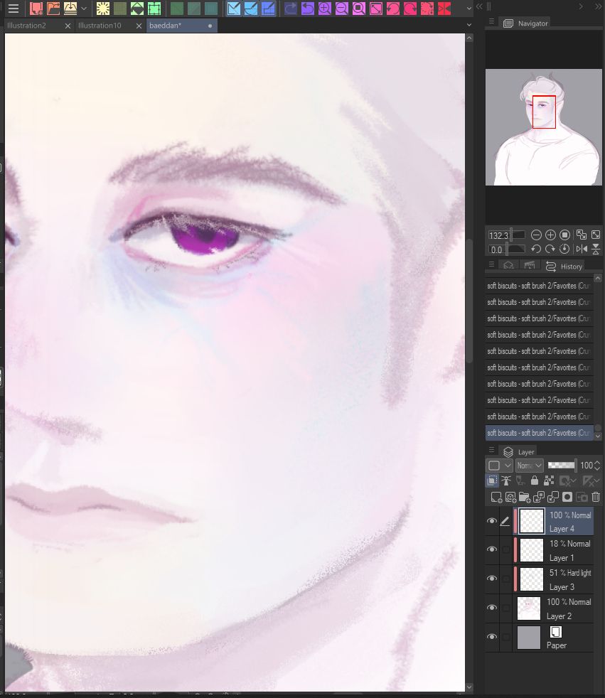 painted sketch of a pale man with purple eyes and grey, almost white hair. he has white skin and cool-toned veins are slightly visible from his face.