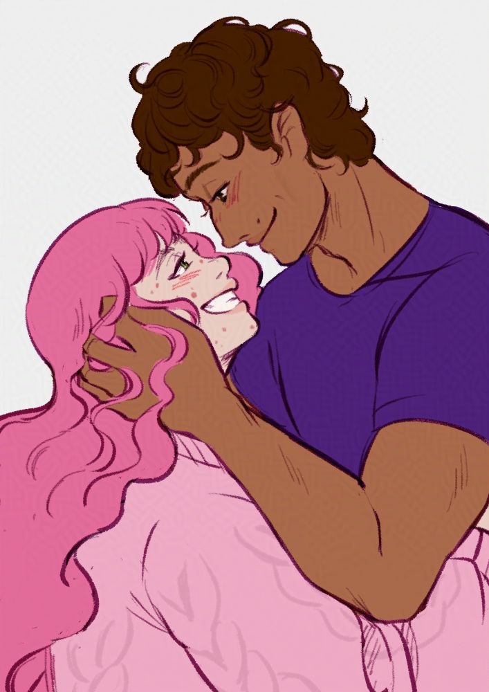 couple looking at each other with a loving smile on their face. The pink haired girl has her arms wrapped around the man. While he has a hand on her face.