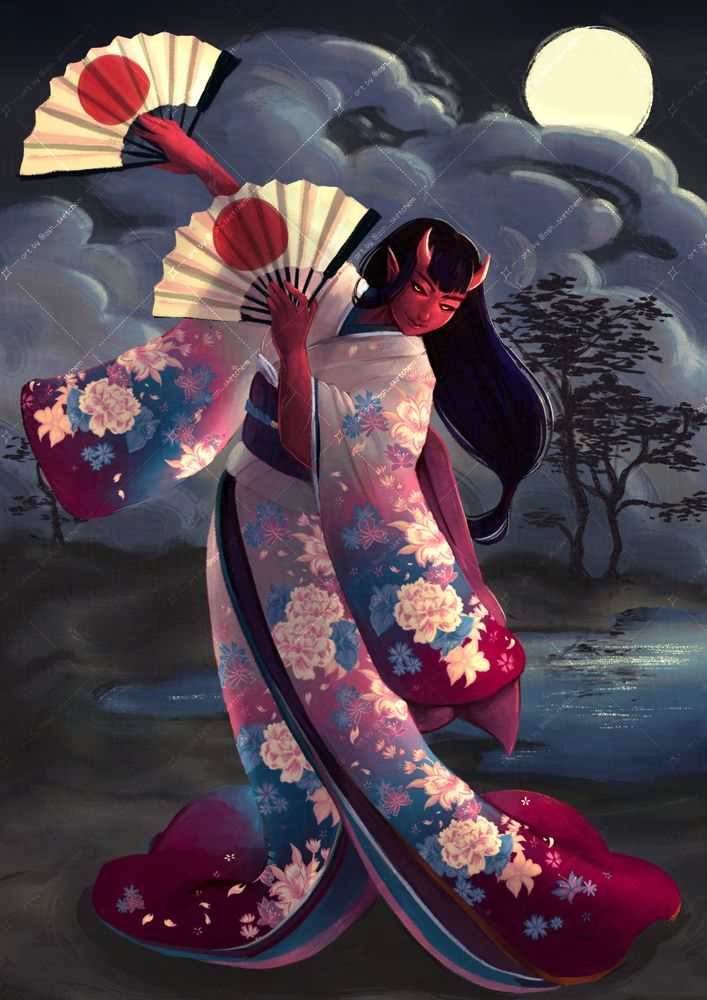 a horned woman with red skin is swaying with two war fans in hand. she is dressed in an elaborate hikizuri embroidered with flowers. she is standing next to a lake, lit by the moonlight.