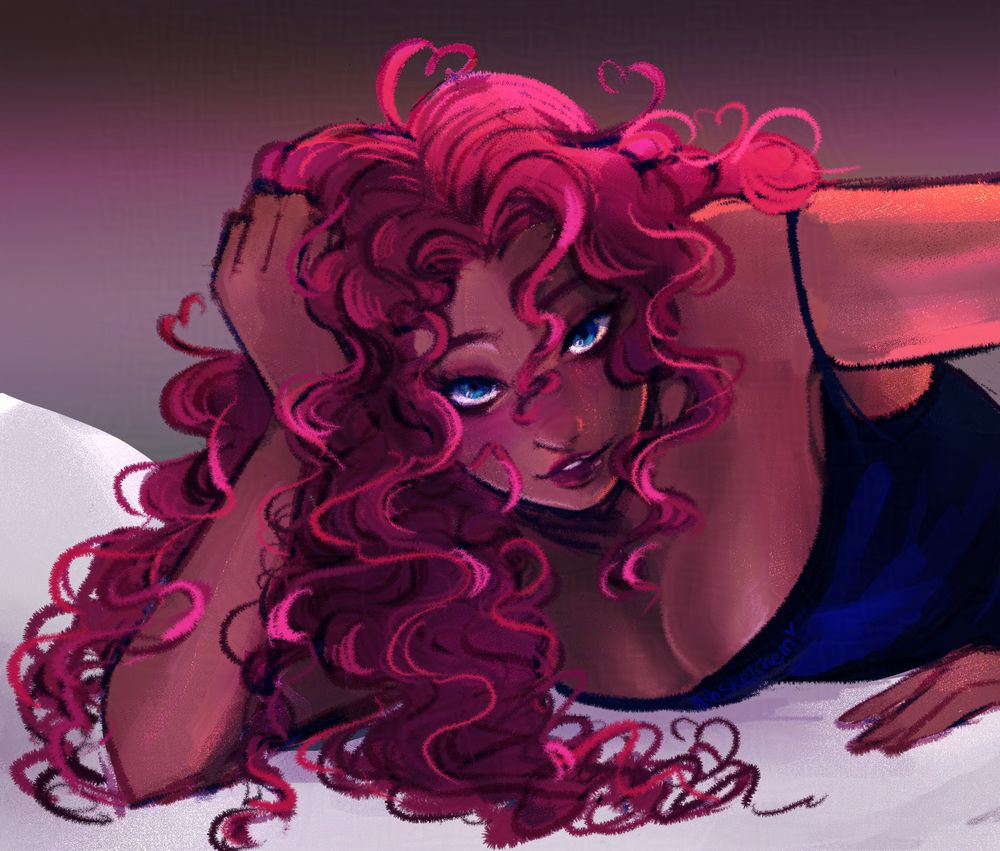 sketchy art of a woman with curly red hair lying down, her head resting on her hand. she is looking directly at the viewer.