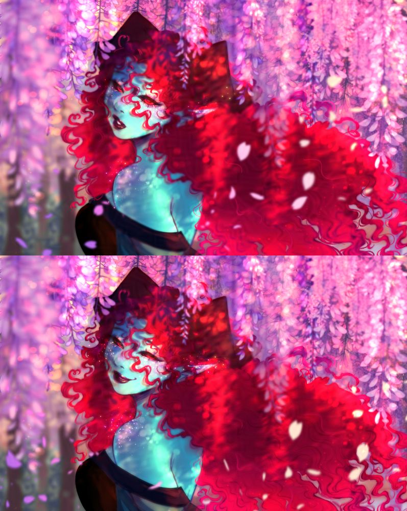 a blue tiefling with vibrant curly red hair and sparkling freckles is underneath a wisteria tree. the first image is her looking directly at the viewer, surprised. on the bottom image, she gives a smile, her freckles sparkling more.