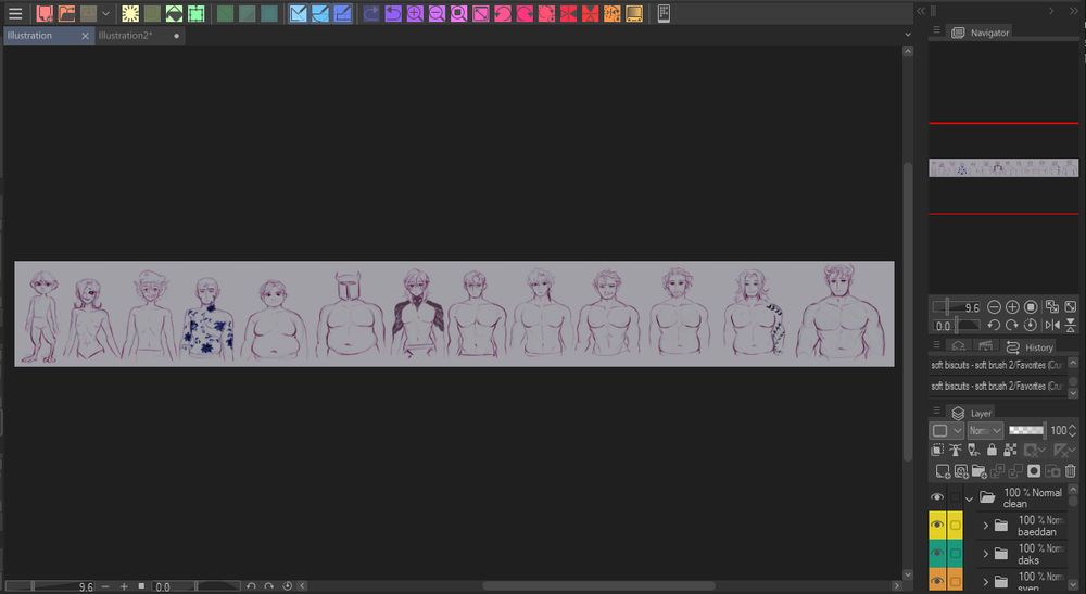 a sketch lineup of different masculine body types, from thin to muscular.