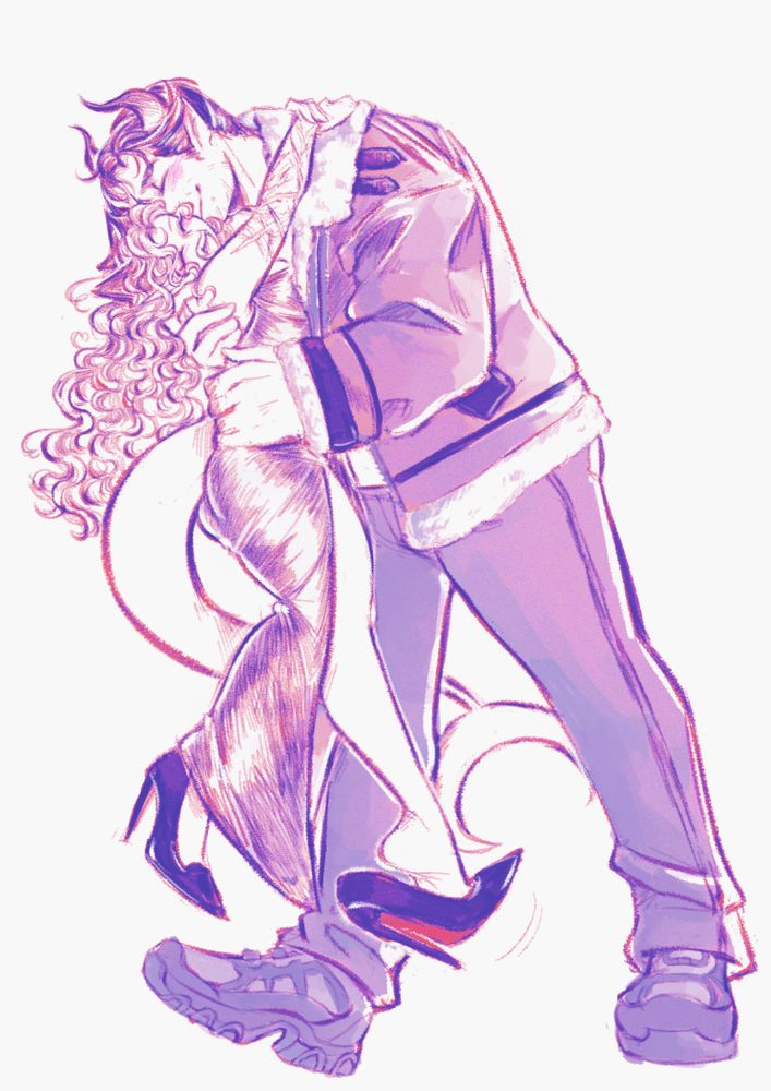 tiefling couple with a significant height difference. the woman has her arms encircled around the man, her feet off the ground as one of her heels is falling off of one of them. the man is nuzzling his face against her cheek as she laughs. 