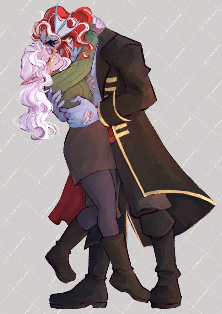 a triton man with blue skin and red hair striped white and a drow woman in an embrace. he is leaning down, pressing his lips to her cheek as he lifts her with both hands. both of them have a content smile on their faces