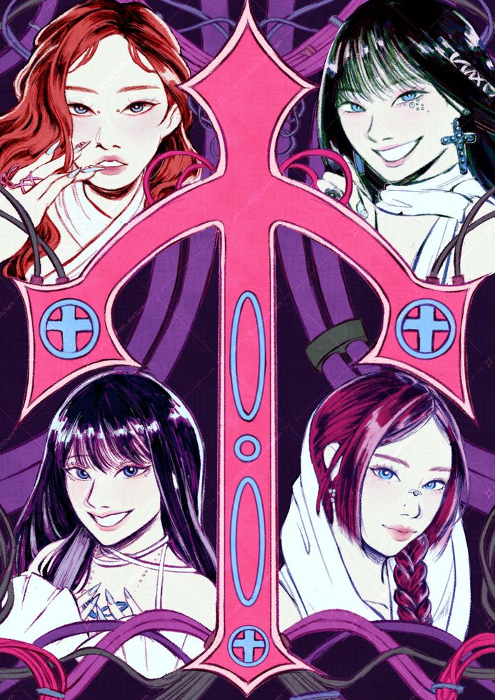 artwork showing portraits of the members of artms, a kpop group. their portraits are framed by a pink cross in the middle, with wires surrounding it.