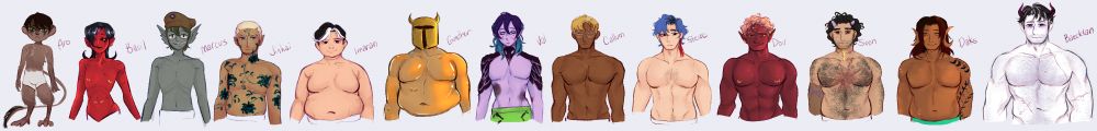 lineup of masculine characters of different species and body types, from smallest to biggest