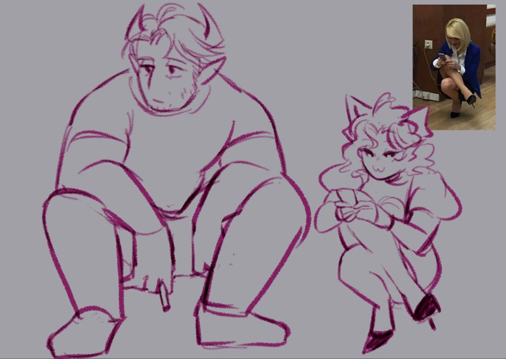 characters squatting. one is in a normal squat with the heel on the ground. the other has her legs crossed over the other.
