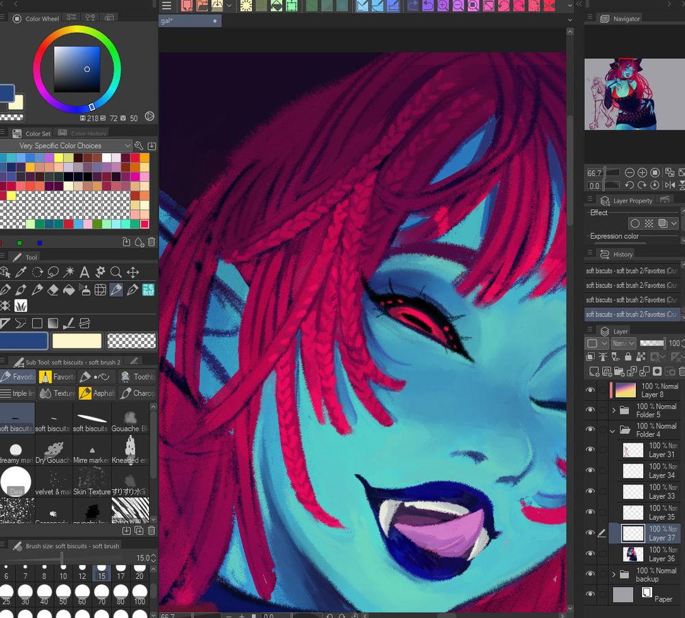 screenshot of a clip studio paint file. on the canvas is a zoom in of a face, framed by a microbraided fringes