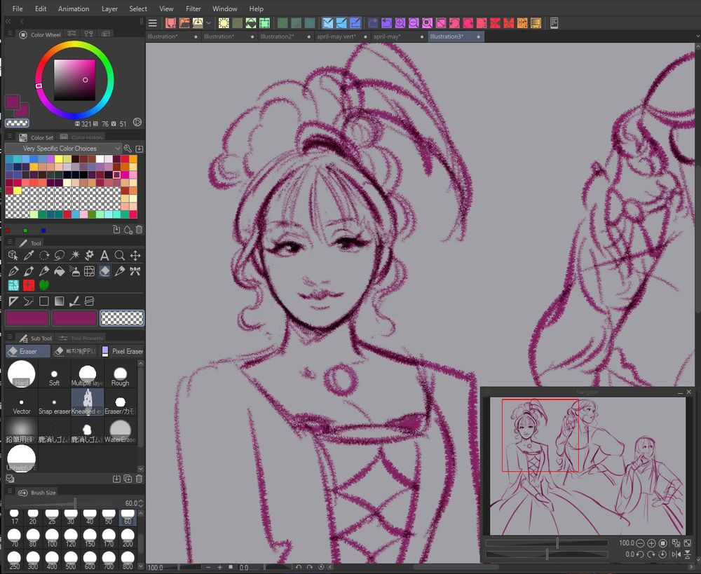 screenshot of a drawing in progress. a woman is sitting staring at the viewer. her hair and outfit is in a french-rococo style.