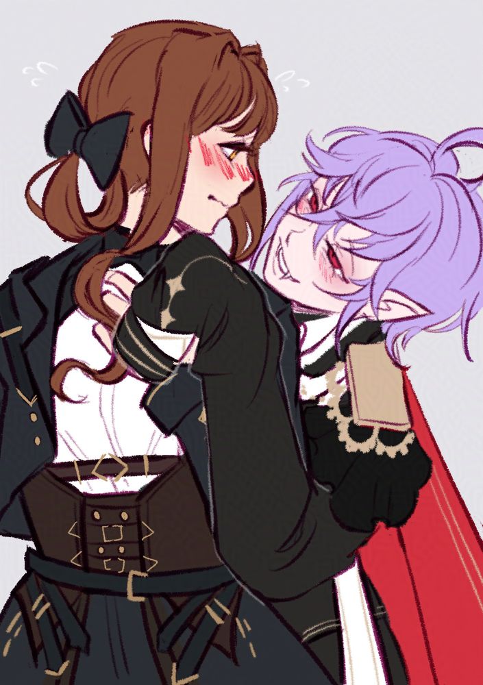 couple both wearing a military-inspired uniform. a purple haired guy is lifting the girl's face with one hand, he is peeking up at her face from the side with a smile. the girl looks flustered.
