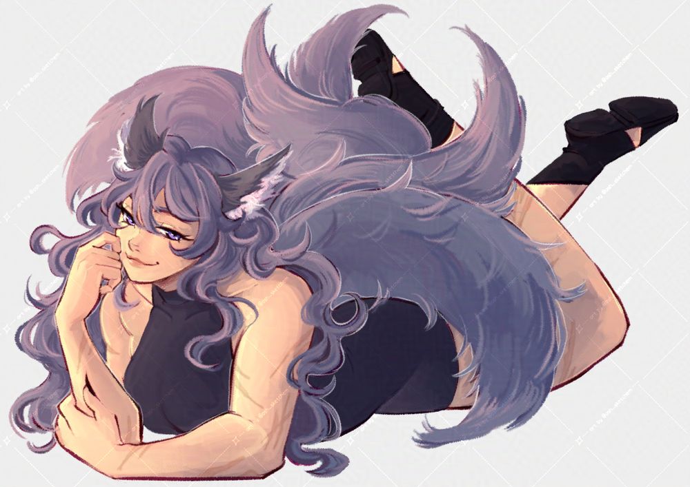 a fox girl with dark grey hair and fur lies down on her stomach, her hand by her cheek and looking at the viewer with a cheeky smile, her purple eyes lighting up. her feet are up in the air, while her nine tails fan out around her 