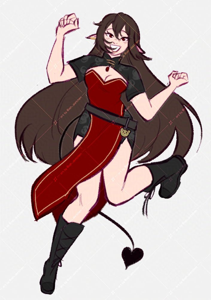 a girl with elf ears and a spade-shaped tail in a jumping pose, her expression filled with joy.