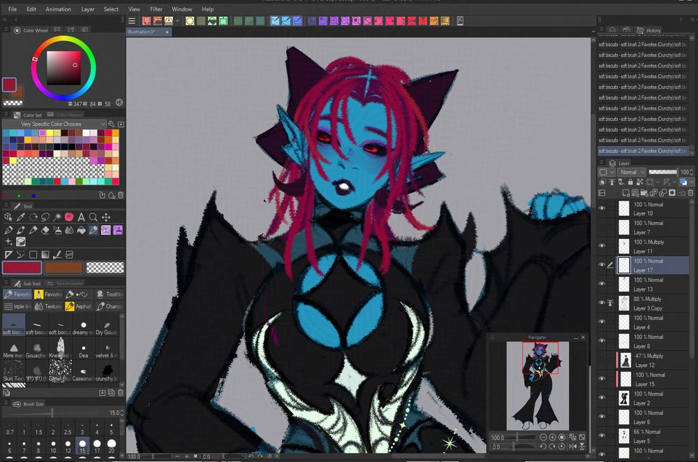 screenshot of a drawing, showing a blue tiefling with short red hair, in box braids.