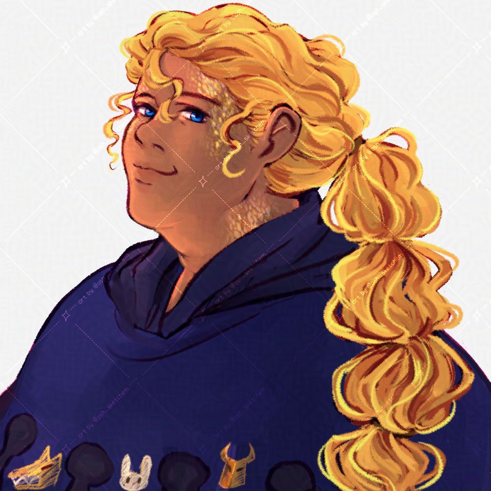 a man with a flowing blonde braid. he has flecks of gold scales on his forehead and neck. he is wearing a dark blue cowl with cute embroideries of a wolf, rabbit, and helmet.