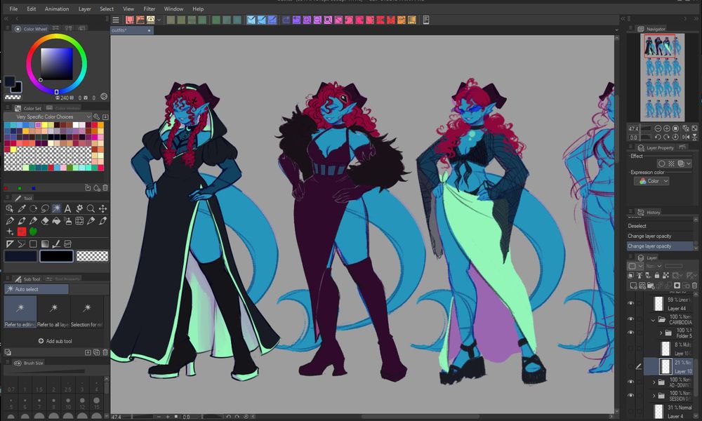 screenshot of a clip studio paint canvas, and within it is three different outfits worn by a blue tiefling with vibrant wine red hair. the one on the left is a an off-shoulder dress with a hood and a slit up to the thigh. It has with bright green lining. She has the hood up delicately perched on her head. Peeking out from the chest area is a mesh lined halter top. She is wearing thigh high boots, also lined with green on the heel area. Her curly hair is braided into a low pigtail, her bangs framing her face. On the side of her head is a clip of a black bone. The middle outfit is a dark purple slit dress, with the waist area lined with a mesh fabric that shows the skin underneath. On her arms is a black feather boa. She is wearing a similar footwear from the previous outfit, except it is in a fully purple color like the dress. Her hair is loose and parted to the side, and her clip this time is in the shape of a coffin. The last outfit is a summery look. She has her hair in a loose low pigtails. She is wearing a vibrant purple sunglasses in the shape of bat wings. She is wearing a black bikini top with the same bat shape on the lining. She is covering her swimwear with a mesh crop top with a mesh fabric, decorated with spiderwebs and very loose sleeves. Meanwhile, she has a bright green wrap around her waist, tied in a way that shows off her legs.