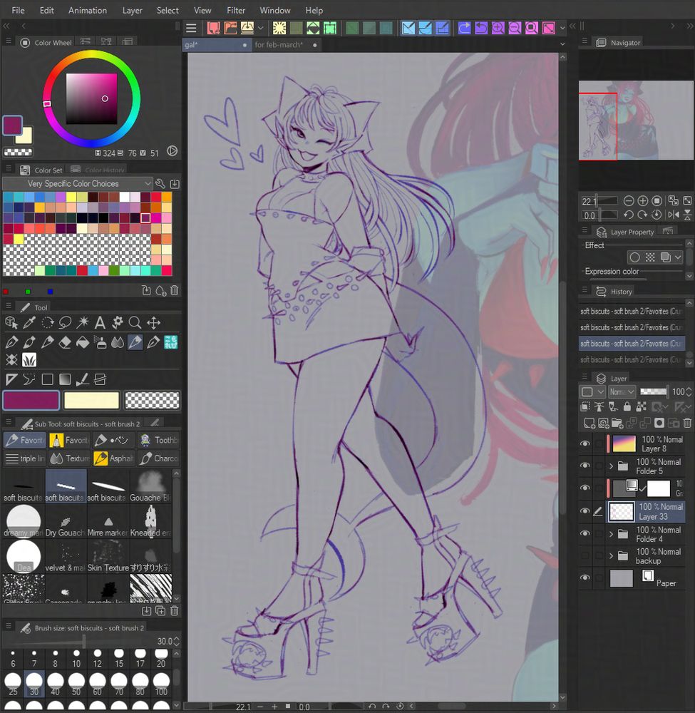 a screenshot of a work in progress in Clip Studio Paint. on the canvas is a lineart of a tiefling woman. Her choker, corset, skirt, and shoes are lined with spikes.