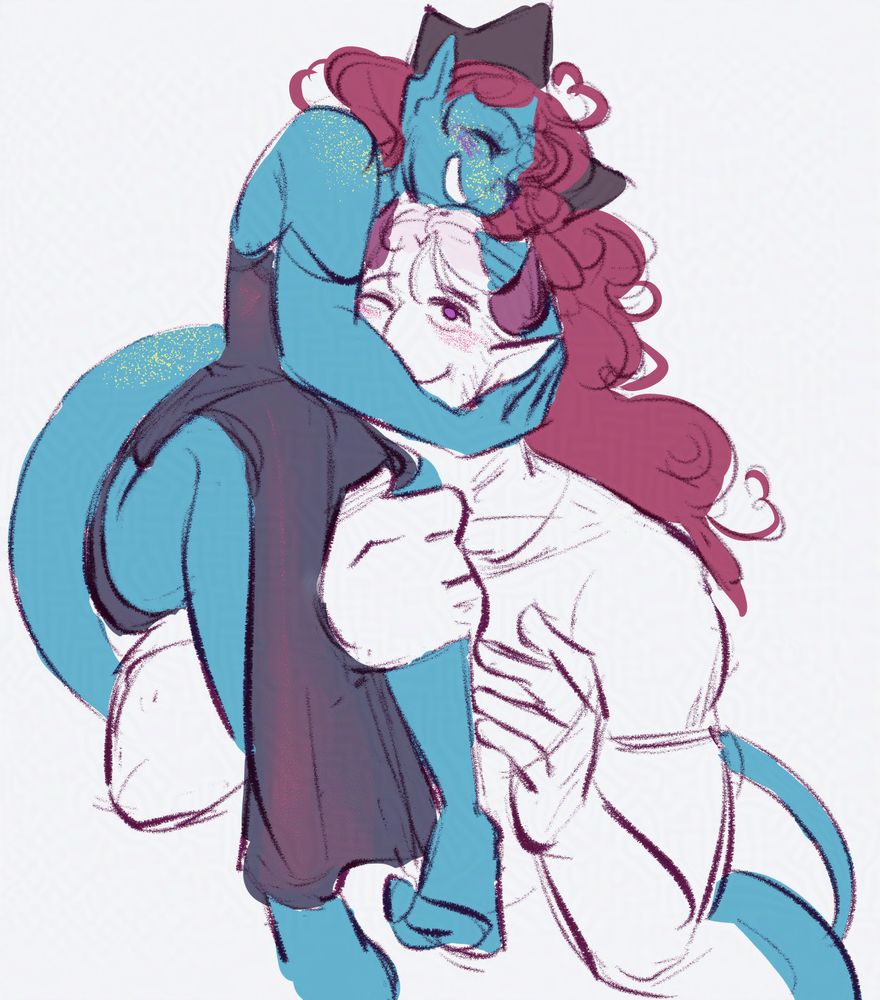 a roughly drawn sketch of a tiefling couple. The tiefling man is carrying the woman over his shoulder. The woman is gently wrapping her arms around his head and embracing his face close to her chest. She has a big grin on her face, her red hair cascading behind her. The man is smiling, looking up at her face.