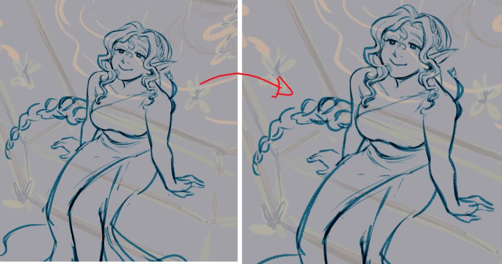 a before and after image of the same sketch of a woman looking up at the sky. the right image is more adjusted correctly than the one on the left.
