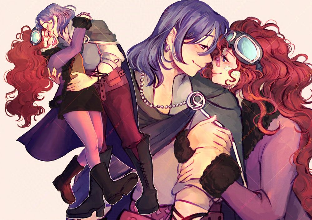 Illustration showcases two poses. On the left, a blue-haired man is nuzzling his face against the curly haired woman's cheek, her face showing a joyous expression. She has her arms around his neck, her feet of the ground. His hands are wrapped around her wait to support her balance. On the bottom right is a half-body pose. The woman is wrapping her hands around the man's arm and pulling them close. Her face is resting on the man's shoulder, as he leans close. Their noses are touching, as they gaze lovingly towards one another.