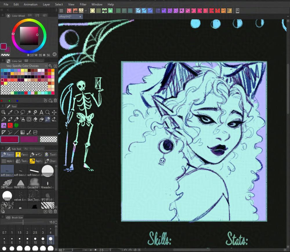 screenshot of a clip studio paint with a drawing on it. it's a horned tiefling with curly hair. on the side is a green colored sketch of a skeleton holding an hourglass and a scythe